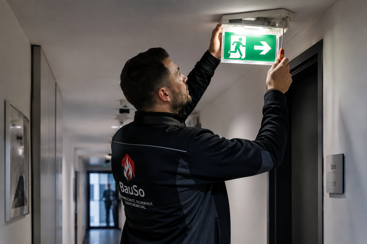 BauSo Mitarbeiter bei der Sicherheitsbeleuchtung Wartung in Frankfurt am Main