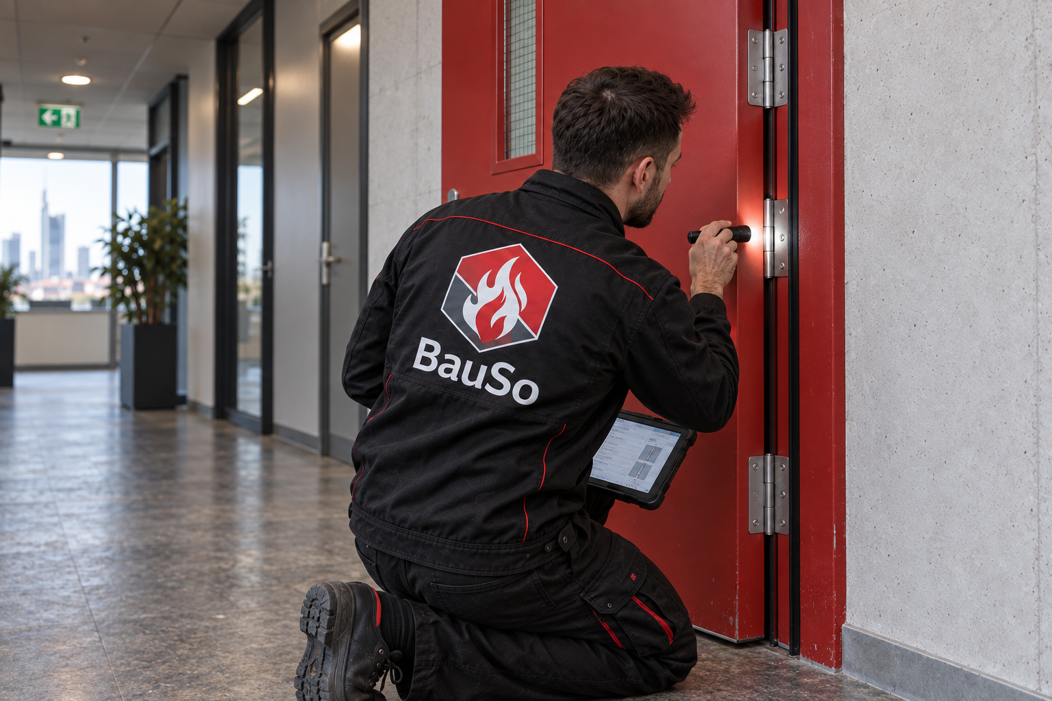 BauSo Mitarbeiter prüft eine rote Brandschutztür in Frankfurt